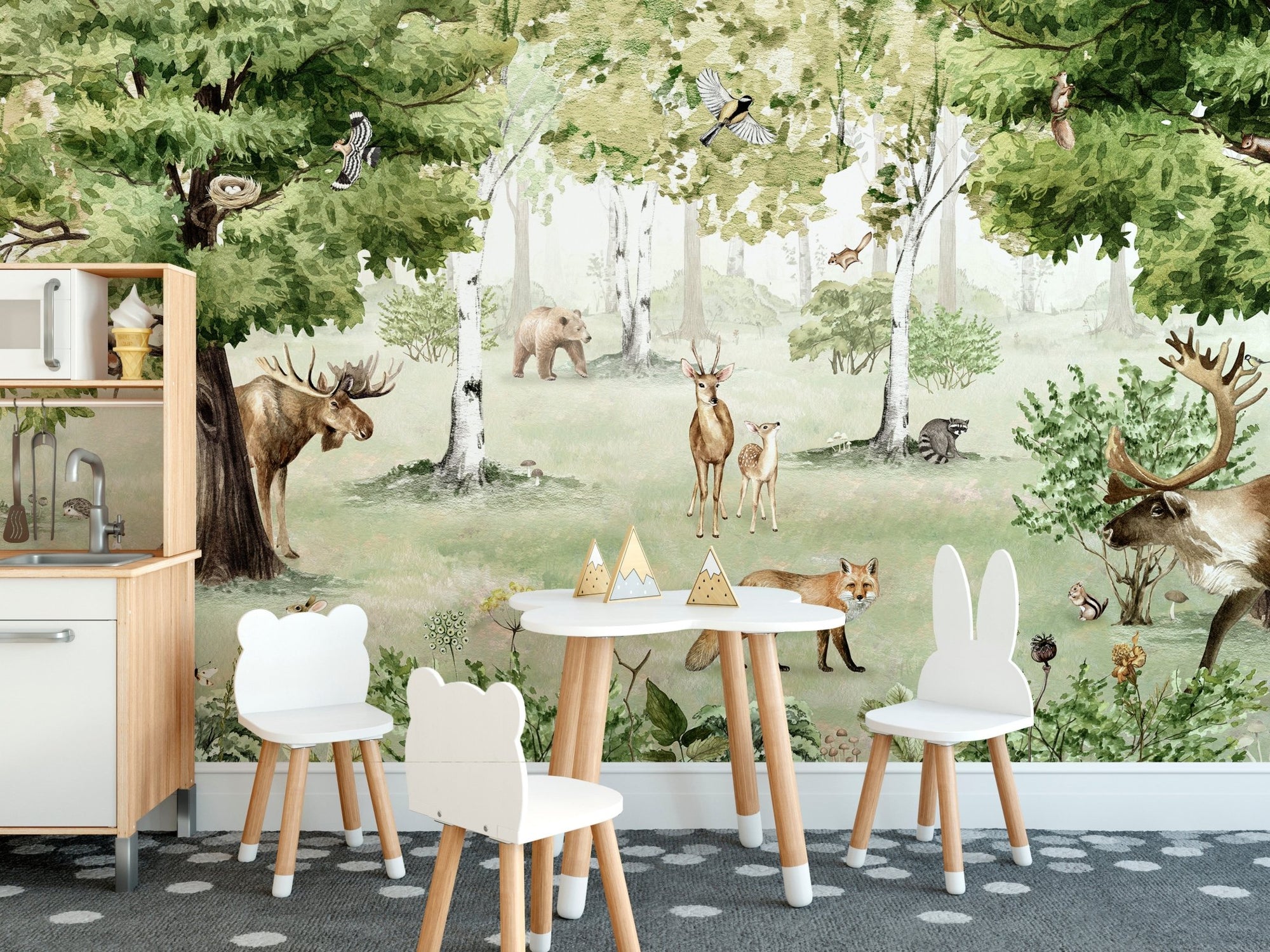 Watercolor woodland wonders mural wallpaper featuring a moose and deer in a forest.