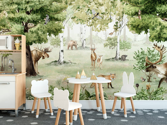 Watercolor woodland wonders mural wallpaper featuring a moose and deer in a forest.