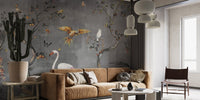Minimalist living room wall mural showing white flamingos and fables on a matte grey surface.