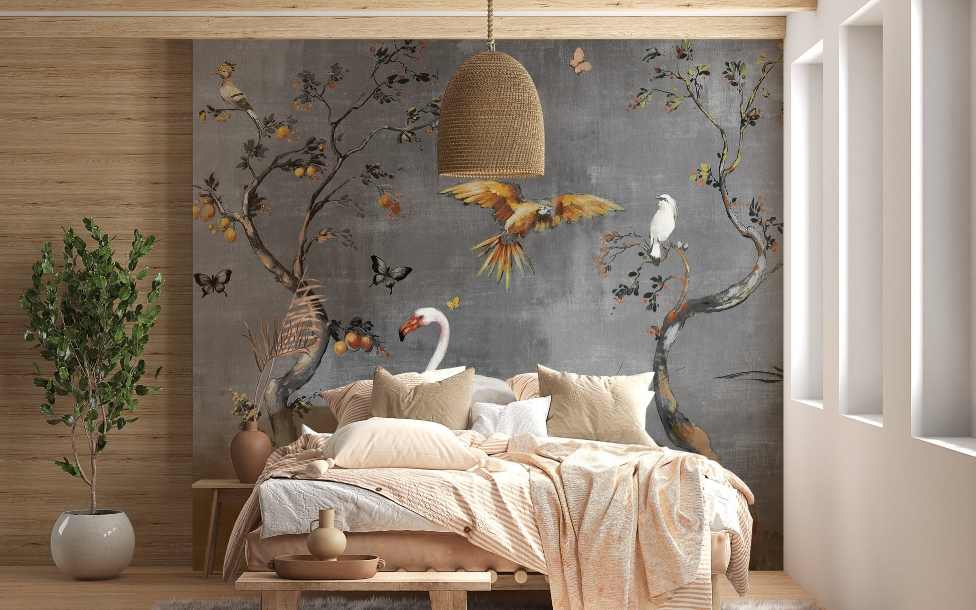 Watercolor Feathered Fables Wall Murals used as a backdrop in a bedroom.