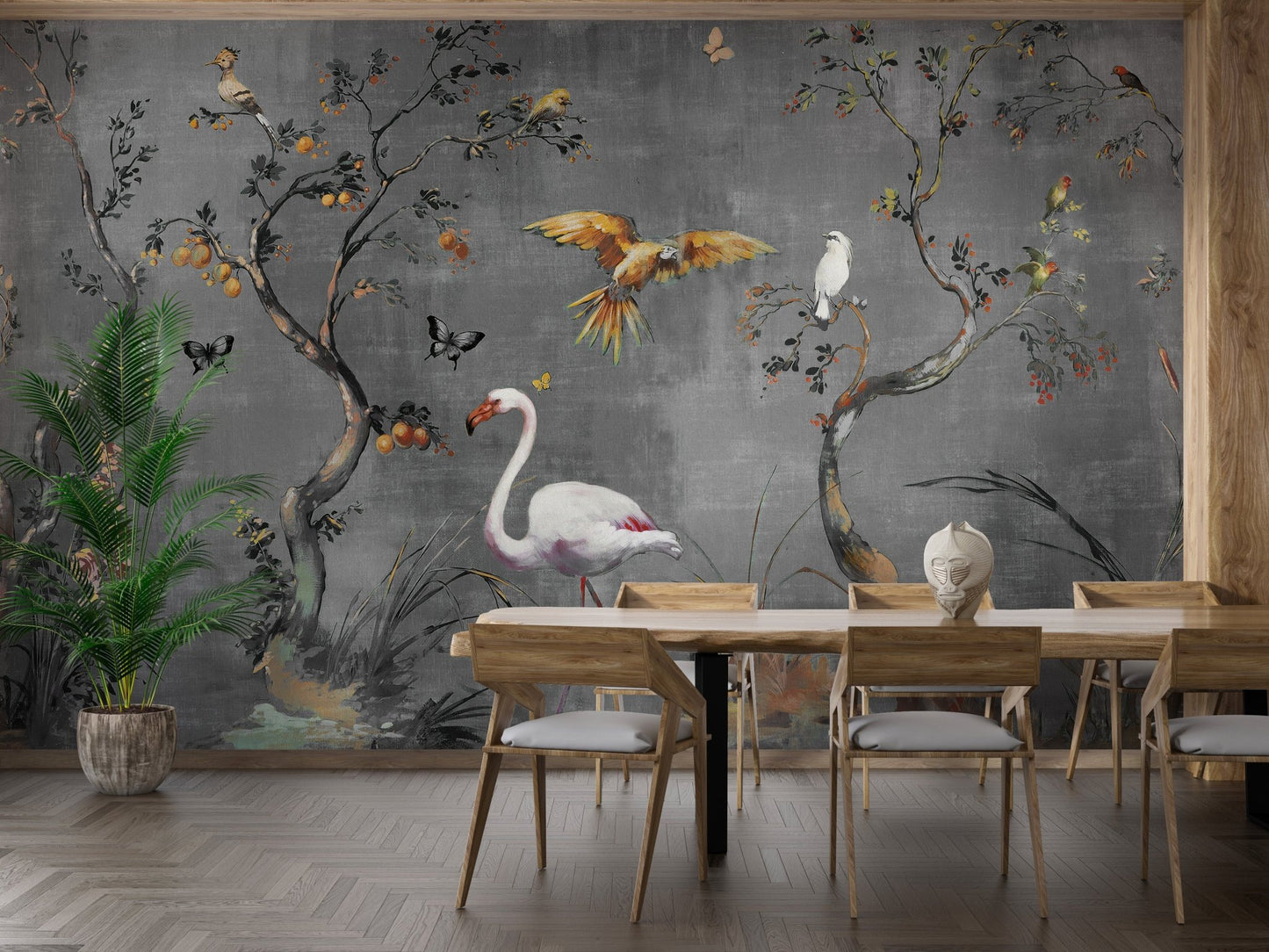 Watercolor Feathered Fables Wall Murals in a modern dining room with wooden chairs.