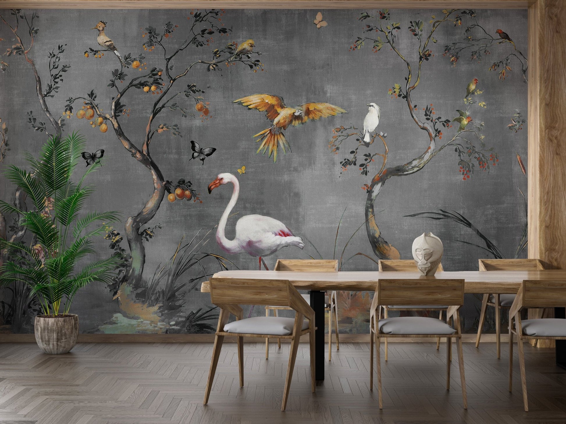Watercolor Feathered Fables Wall Murals in a modern dining room with wooden chairs.