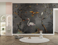Nursery room wall mural with illustrated fables and thin tree branches on grey background.
