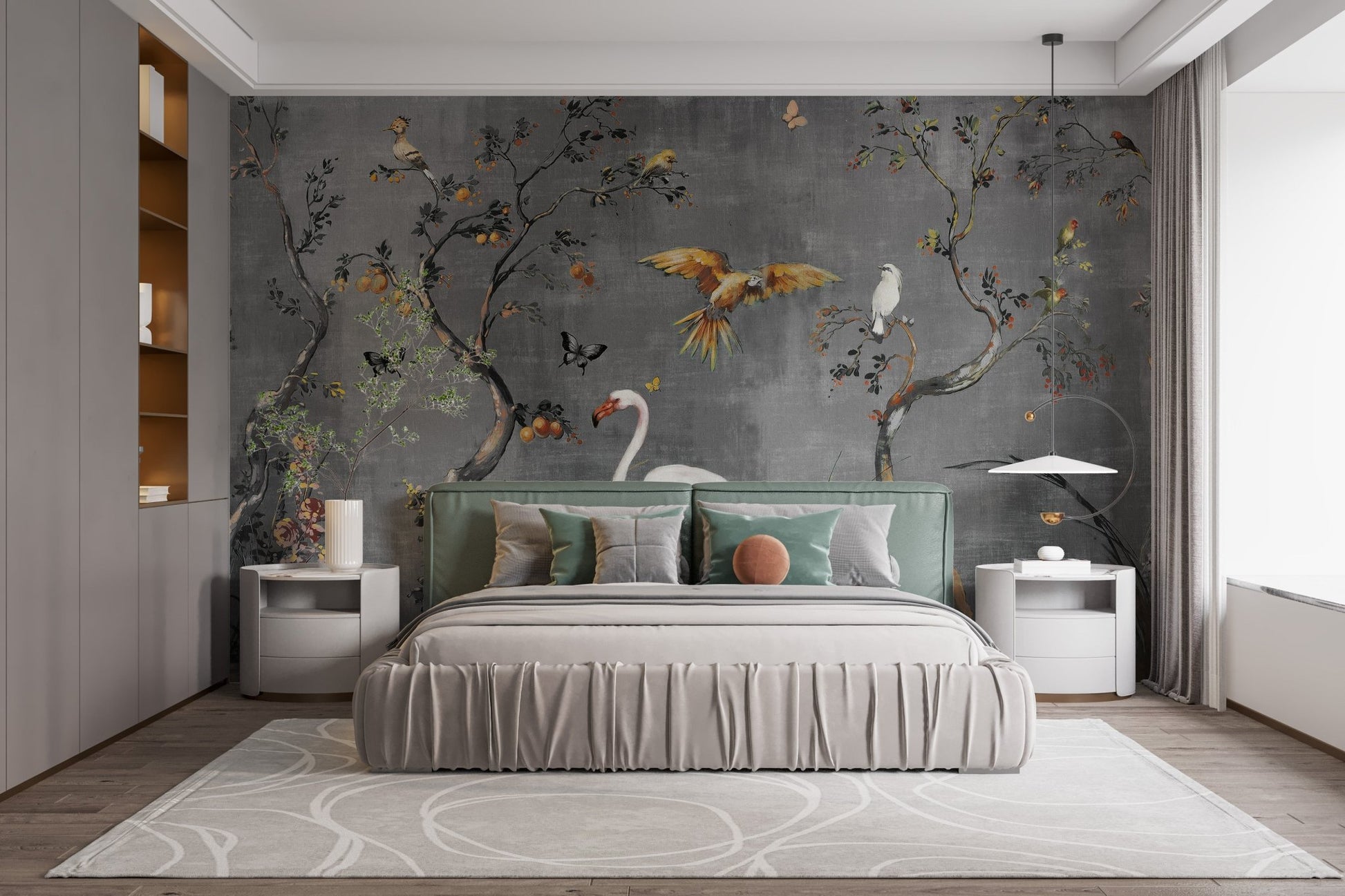 Watercolor exotic bird mural for modern bedroom interiors.
