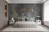 Watercolor exotic bird mural for modern bedroom interiors.
