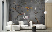 Living space with grey fables wall mural and minimalist wooden furniture.