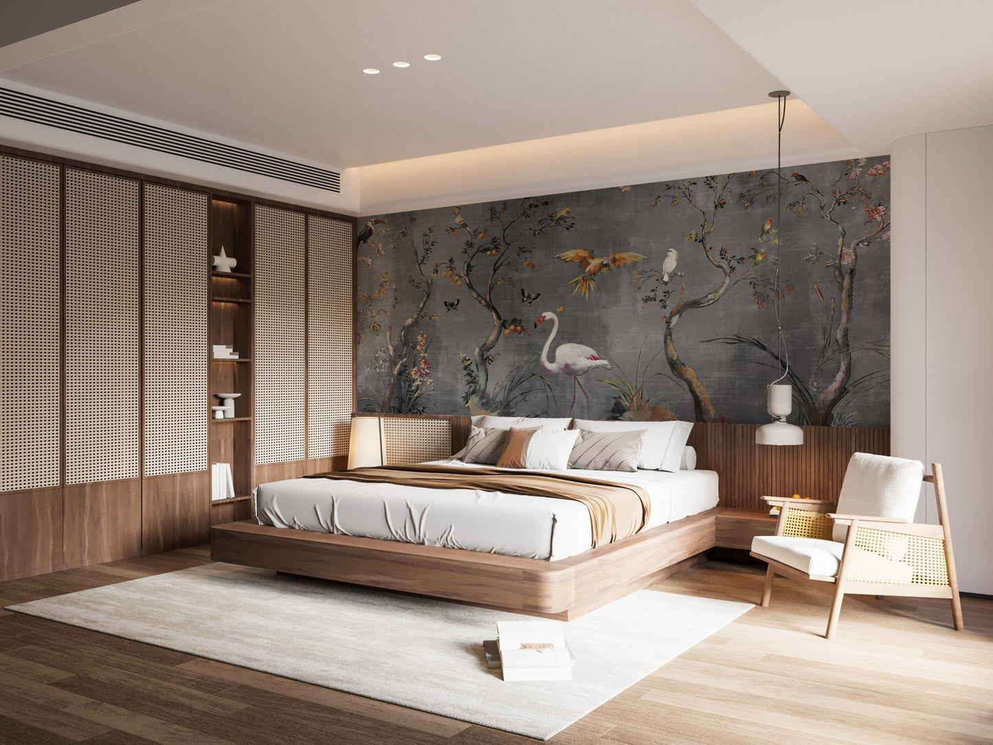 Low profile bed against a dark grey wall mural with fables and avian illustrations.