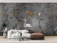 Spacious living room wall mural with white cranes and gold watercolor tone.