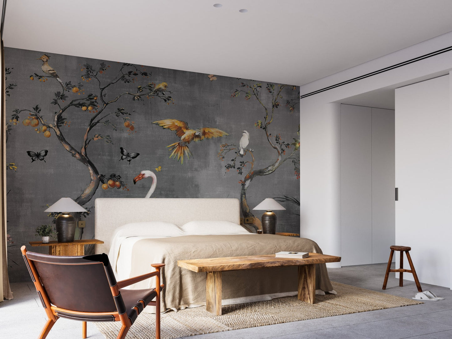 Artistic birds and fables wall mural in master bedroom.
