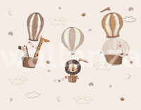 Playful safari hot air balloons wallpaper for a modern nursery aesthetic.