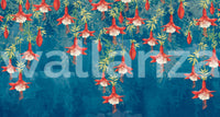 Midnight Garden Fuchsia wall mural with Vibrant red flowers on a dark blue canvas.