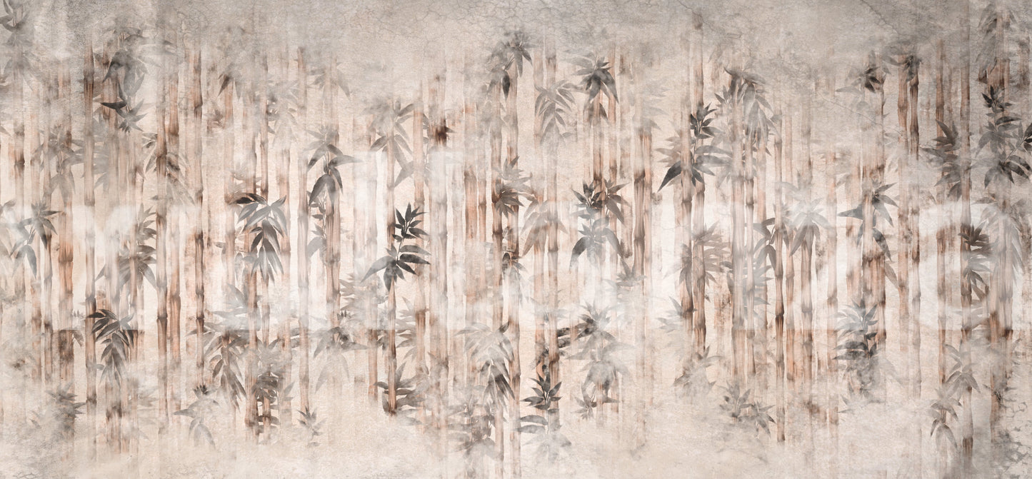 Modern wall mural featuring vertical bamboo stalks on a textured grey background.
