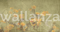 Vintage botanical style wall mural with aged texture and muted yellow blossoms.