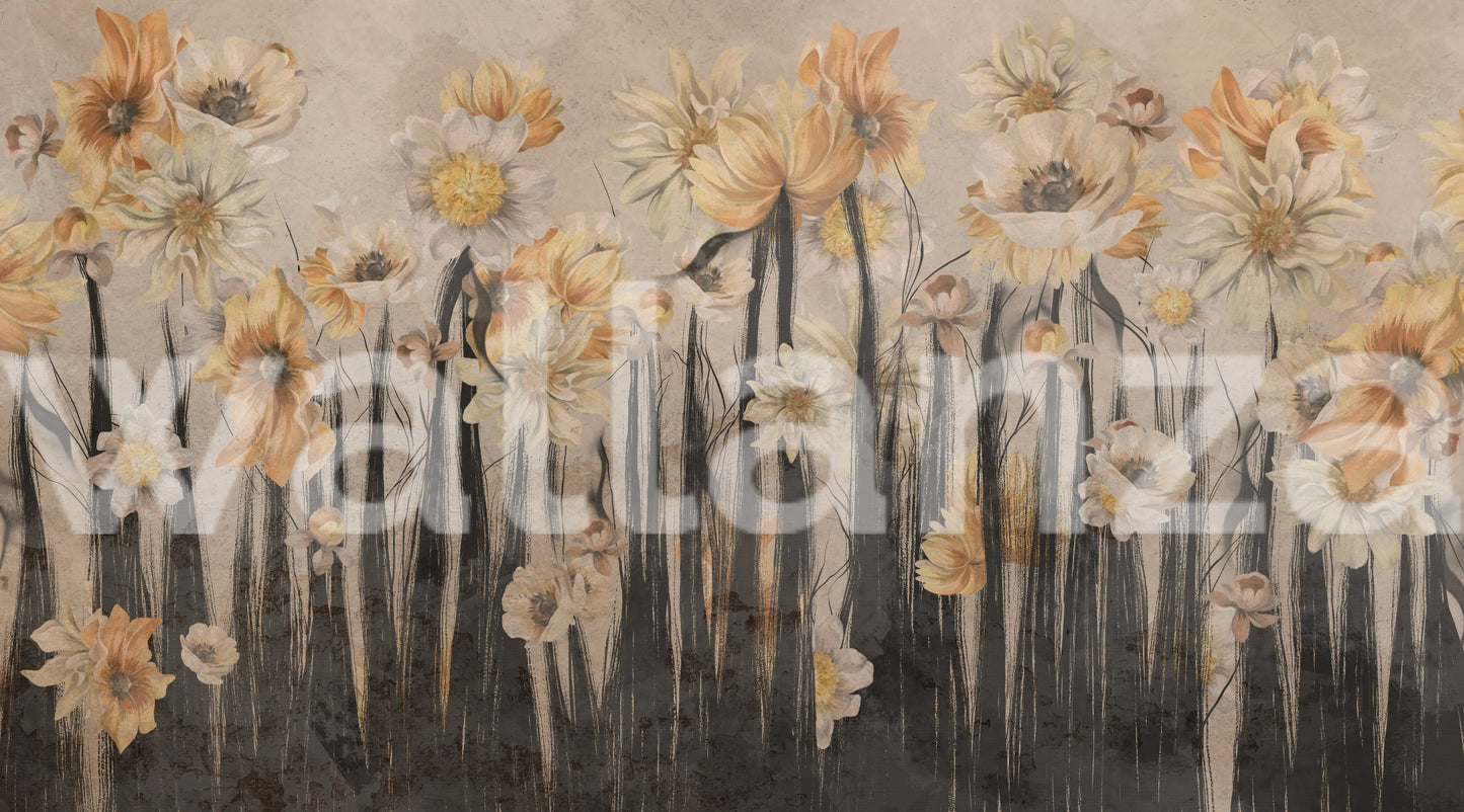 Artistic wall mural with a seamless floral cascade and weathered grey textures.