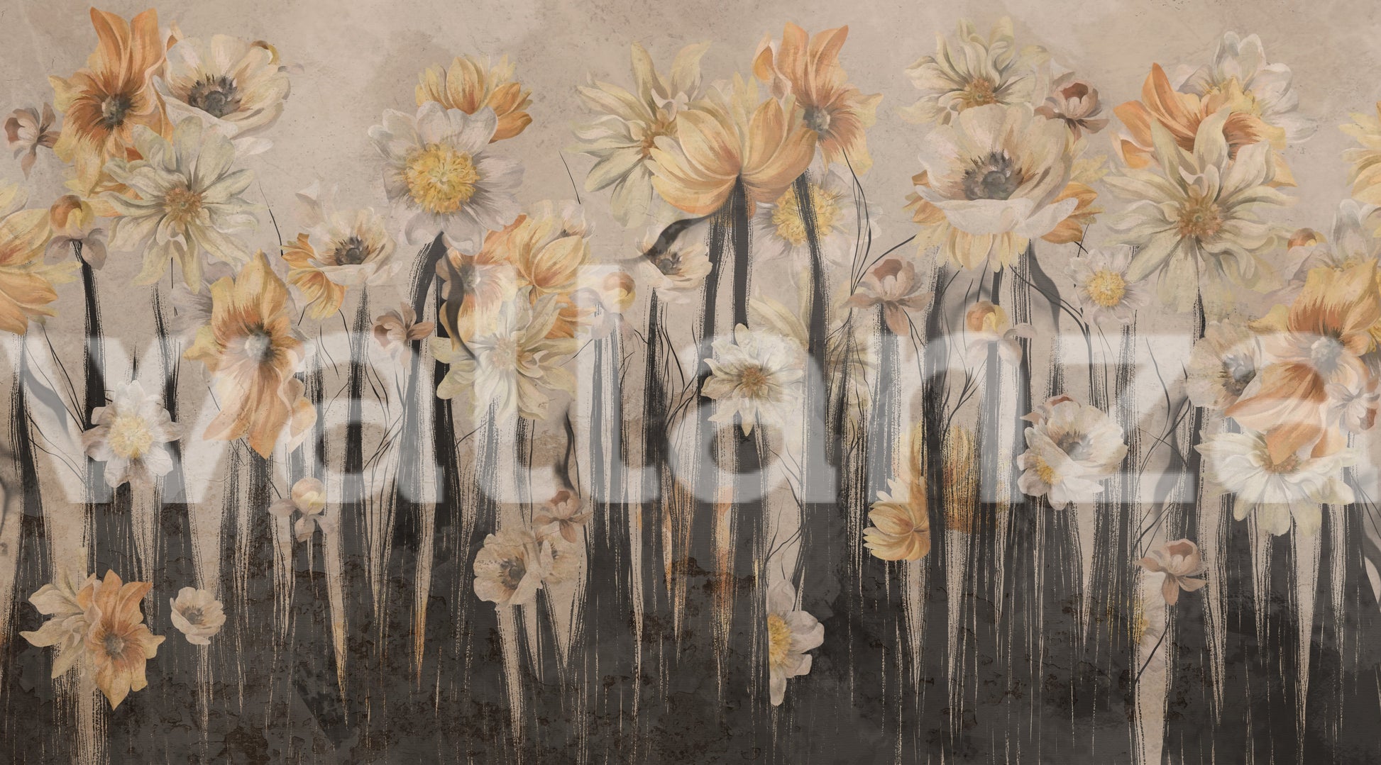 Artistic wall mural with a seamless floral cascade and weathered grey textures.