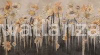 Artistic wall mural with a seamless floral cascade and weathered grey textures.