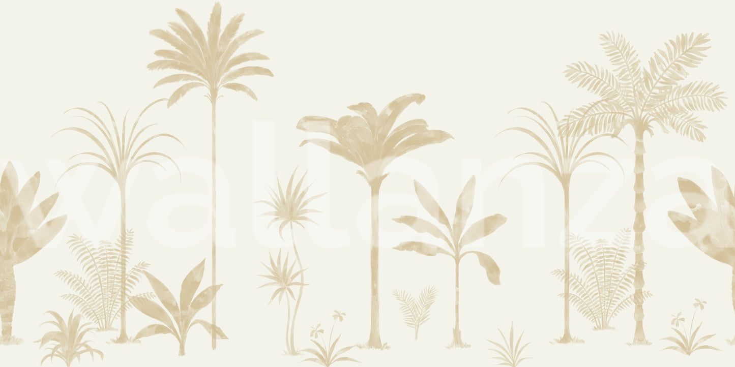Ivory base shade behind the painterly palm and fern wall mural.