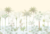 Wall mural of painterly palm scene with sage green fronds and dusty taupe trunks. 