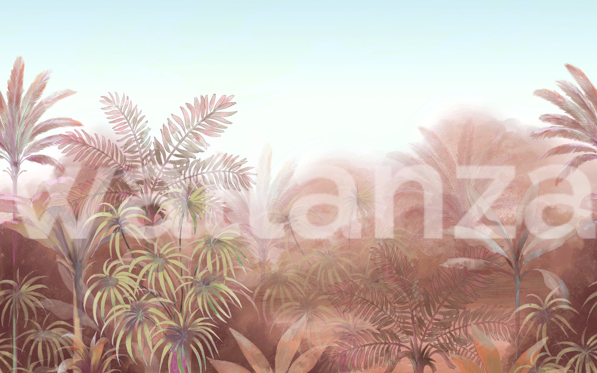 Blush jungle wall mural with painterly pink tropical foliage. 