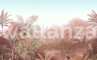 Blush jungle wall mural with painterly pink tropical foliage. 