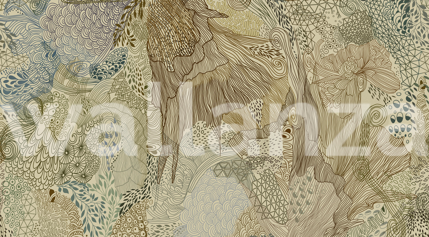 Tapestry wall mural showing paisley, mandala and floral linework.