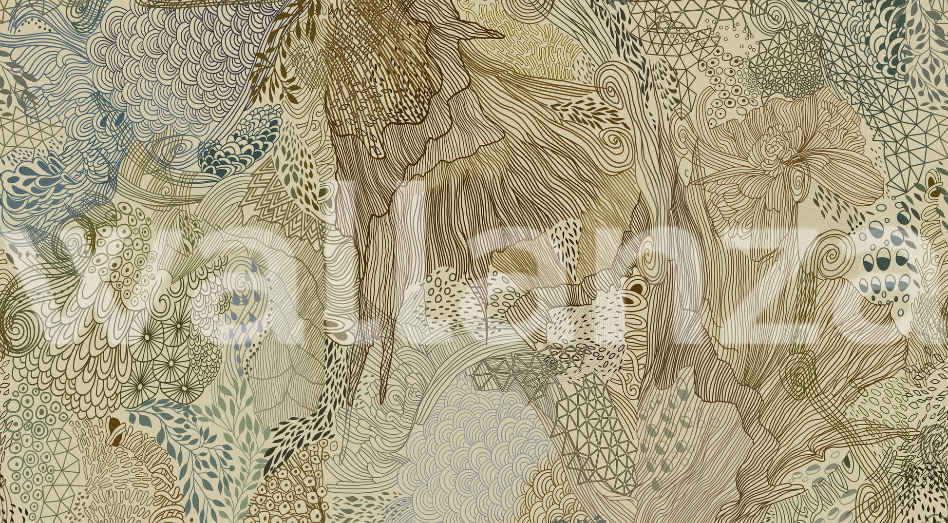 Tapestry wall mural showing paisley, mandala and floral linework.