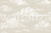 Wall mural of soft ivory clouds with watercolor brushwork over a neutral beige base tone. 