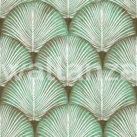 Sage palm fronds wallpaper with overlapping fan-shaped scallop motifs.