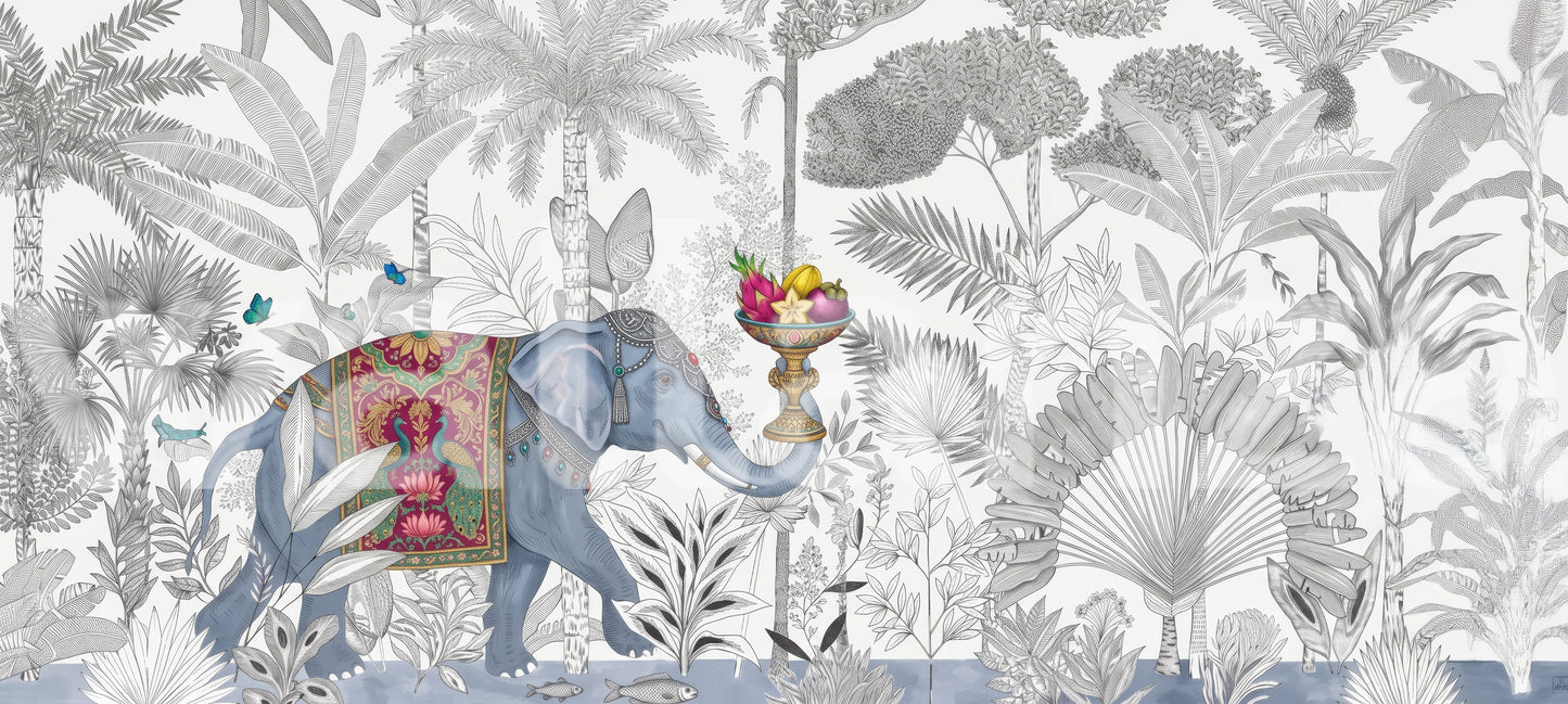 Exotic Chinoiserie Elephant and Palm Tree Wall Mural