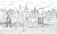 Charming Black and White Town Street Illustration Wall Mural