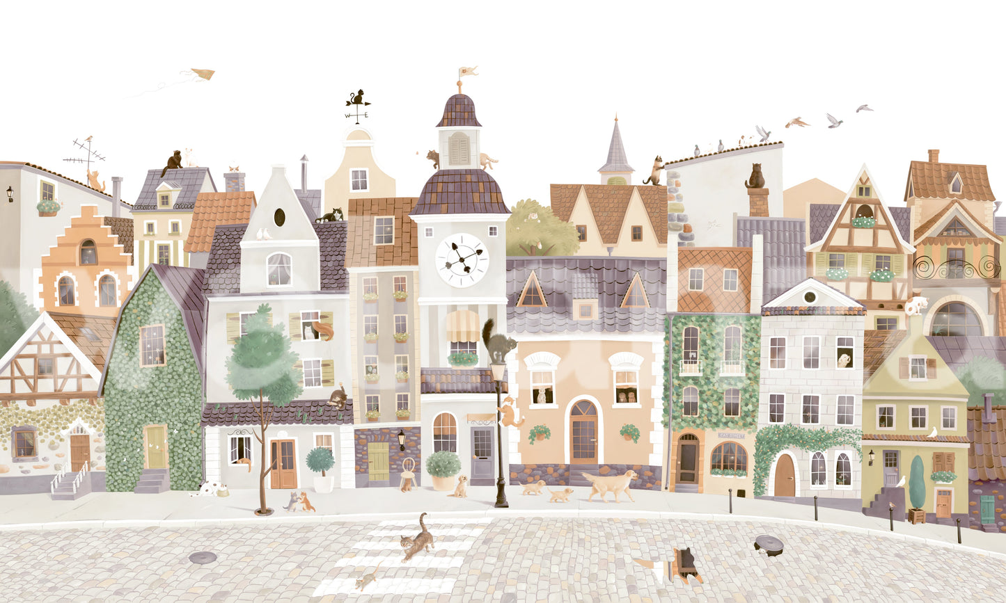 Whimsical European Street Scene with Charming Pets Wall Mural