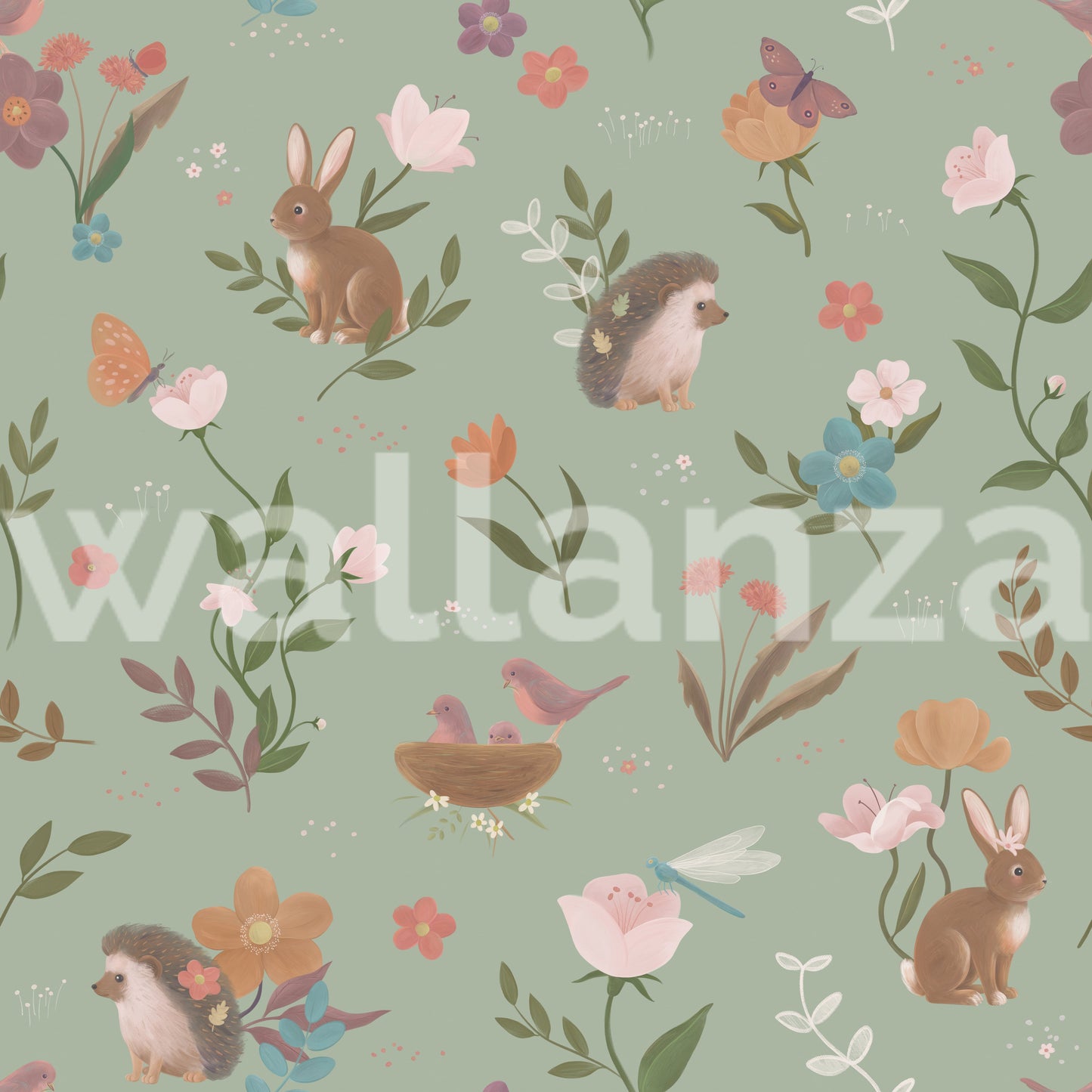 Whimsical Forest Friends Floral Meadow Green Wallpaper⁠