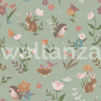 Whimsical Forest Friends Floral Meadow Green Wallpaper⁠