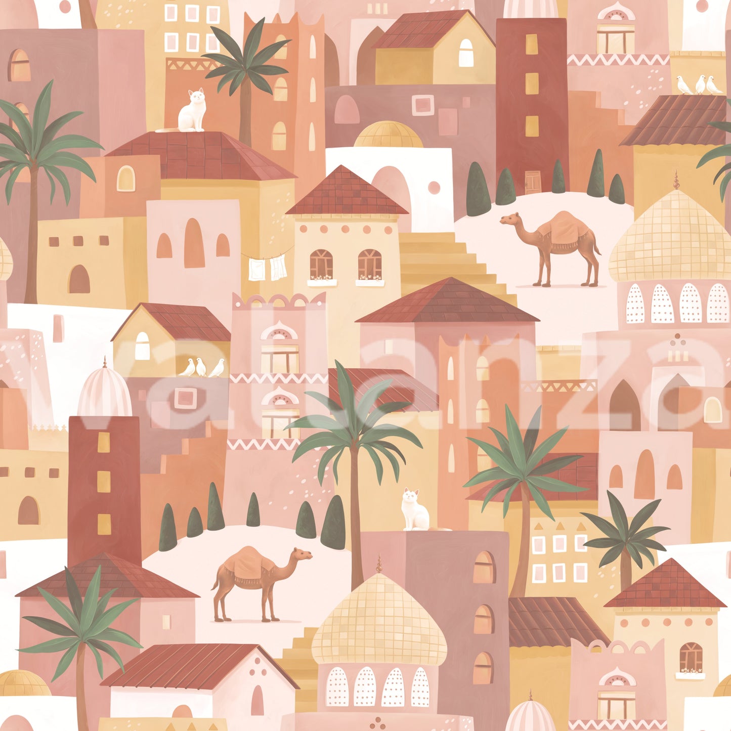 Charming Desert Cityscape with Camels and Palm Trees Wallpaper⁠
