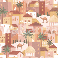 Charming Desert Cityscape with Camels and Palm Trees Wallpaper⁠