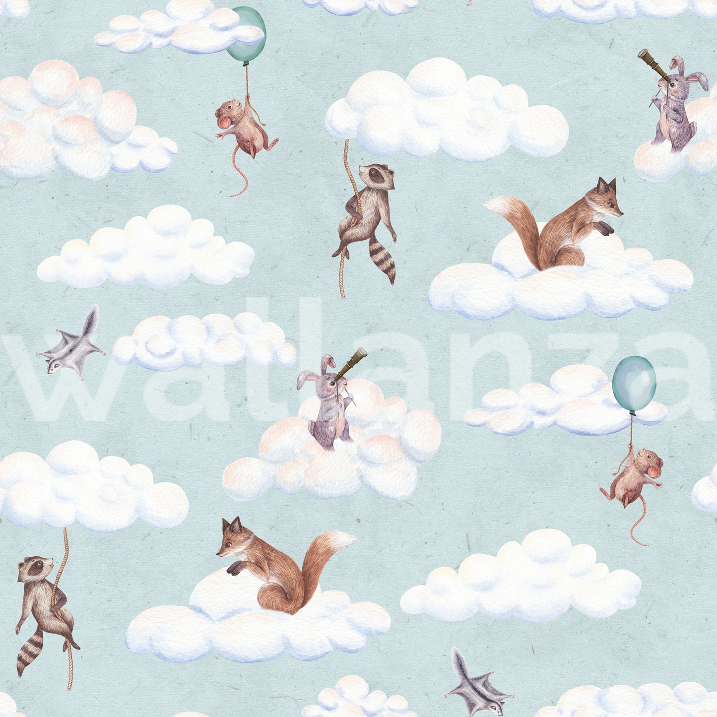 Whimsical Woodland Friends Floating in Soft Clouds Wallpaper⁠