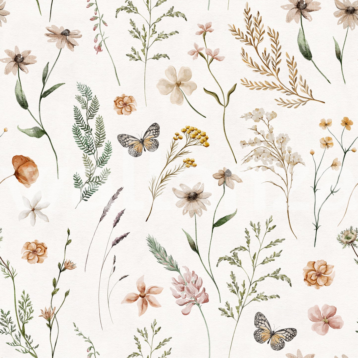 Boho Wildflower Meadow Watercolor Floral Print Wallpaper⁠