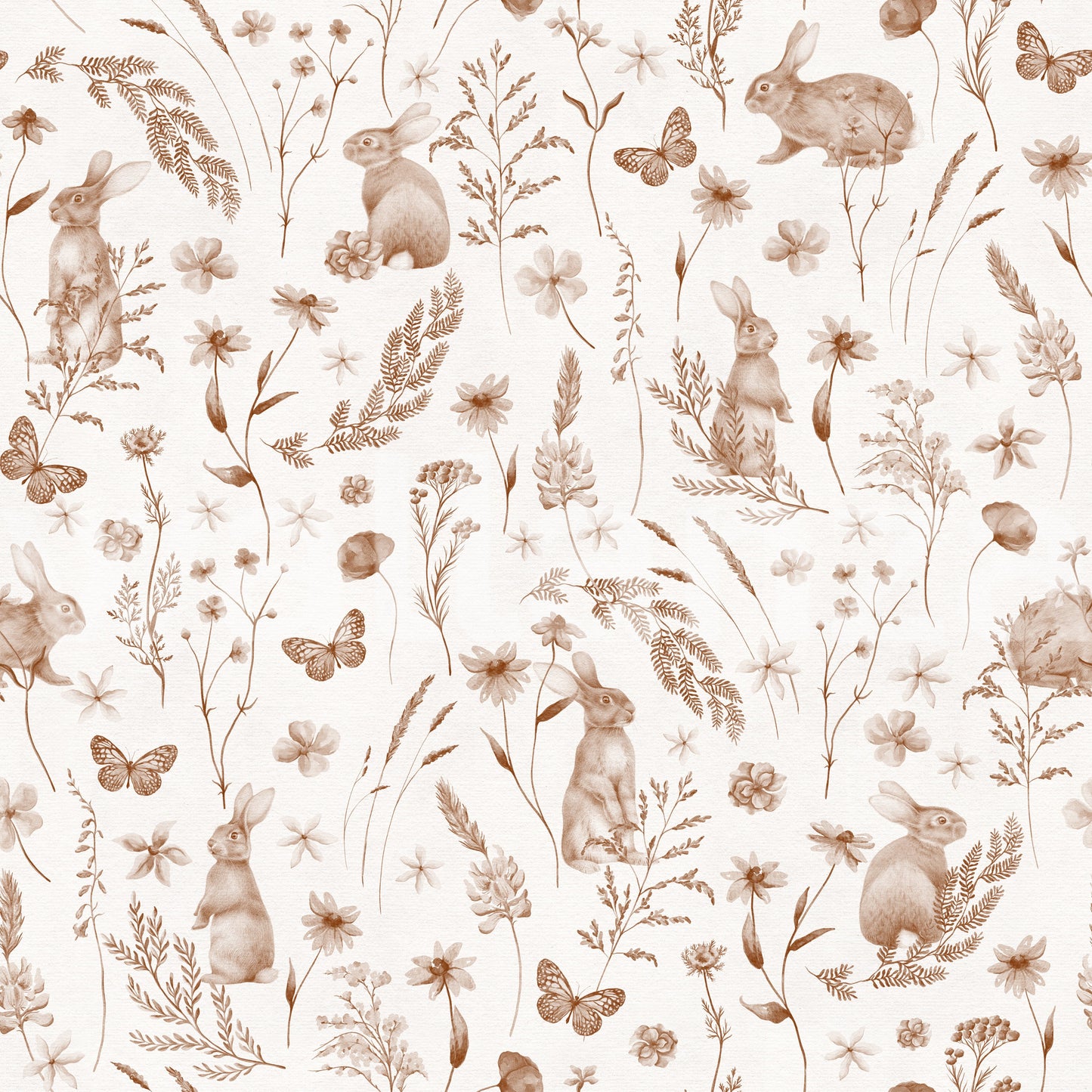 Charming Woodland Rabbits and Wildflowers Pattern Wallpaper⁠