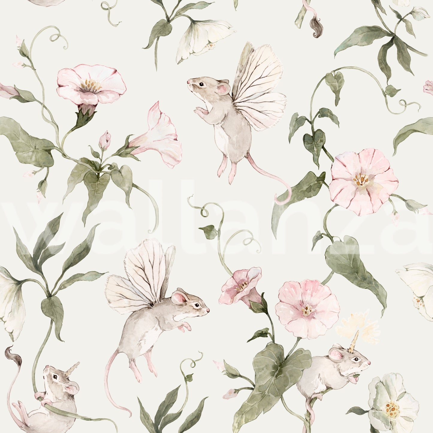 Magical Garden Fairy Mouse and Flower Print Wallpaper⁠
