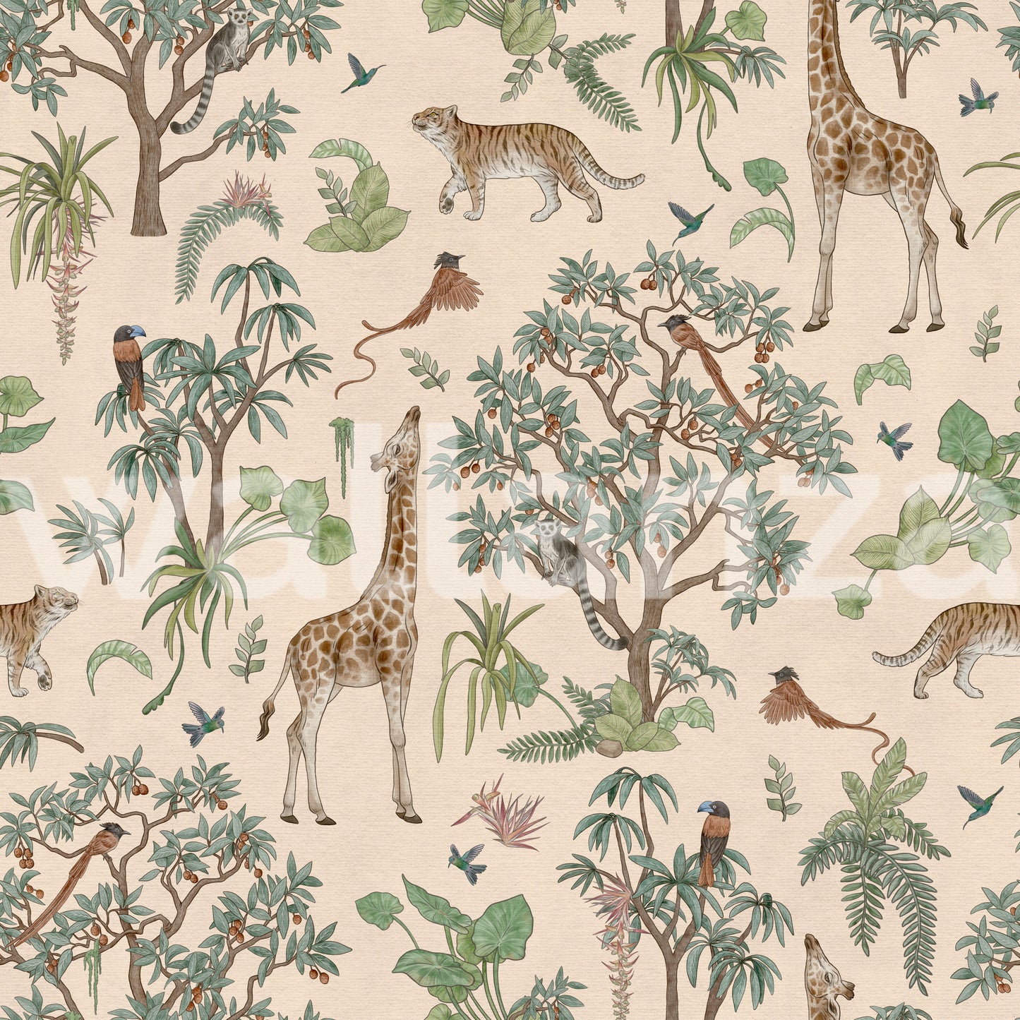 Whimsical Hand Drawn Tropical Safari Scene Wallpaper⁠