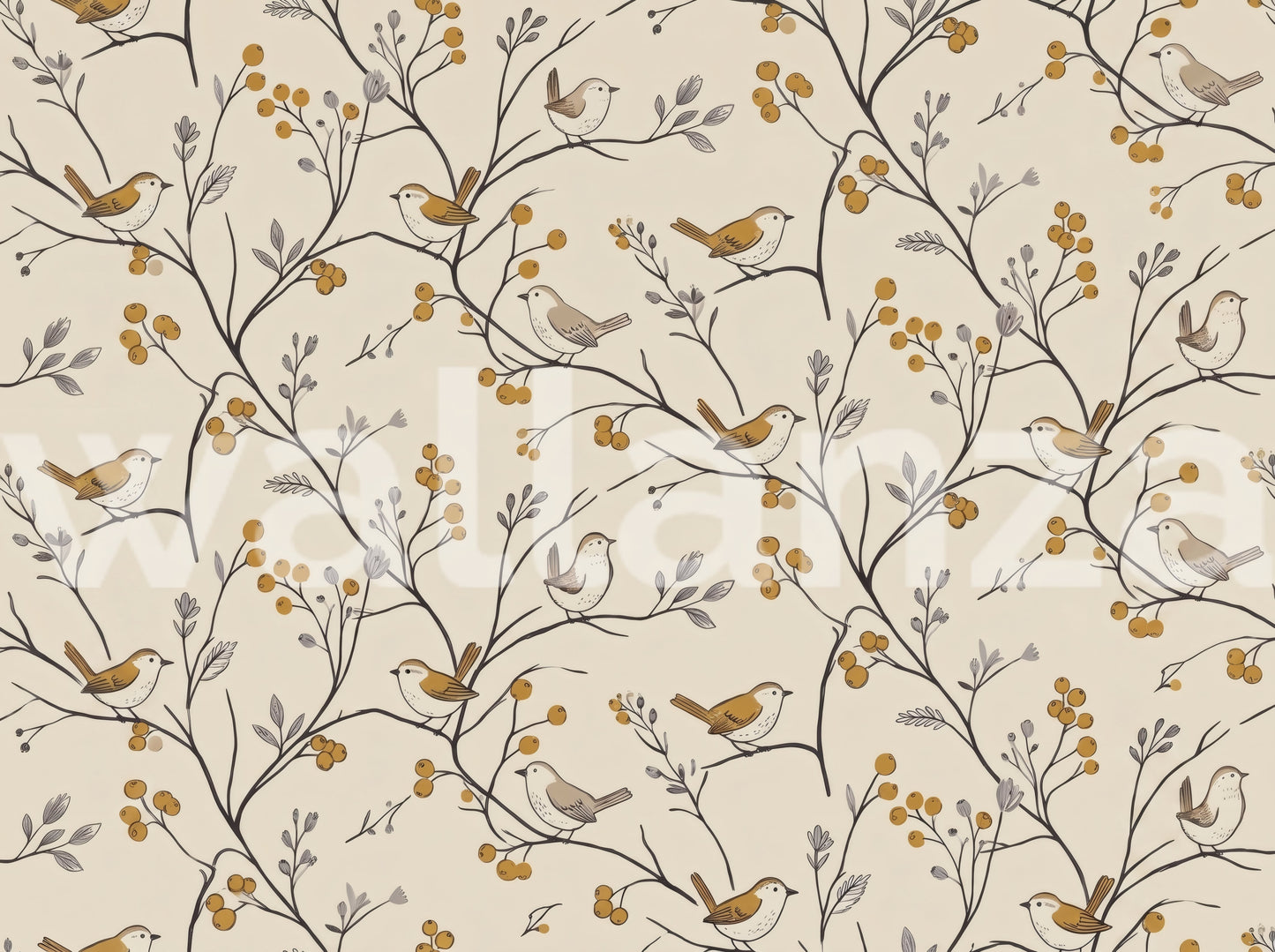 Charming Woodland Birds and Berries Pattern Wall Mural