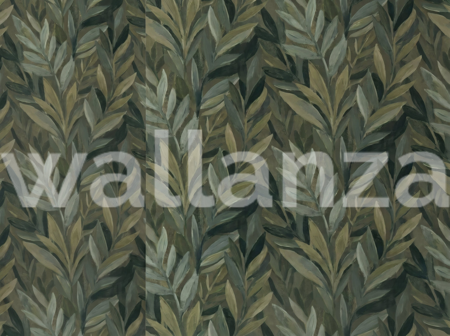 Earthy Olive Green Botanical Leaf Pattern Wall Mural