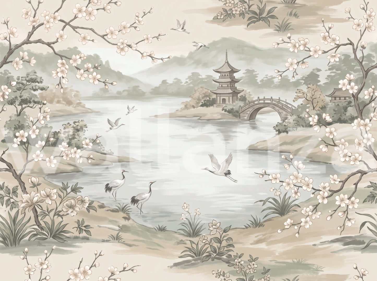 Serene Asian Garden Crane Landscape Mural Wall Mural