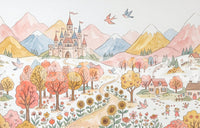 Fairytale castle mural with pastel peaks, blush trees and sunflowers