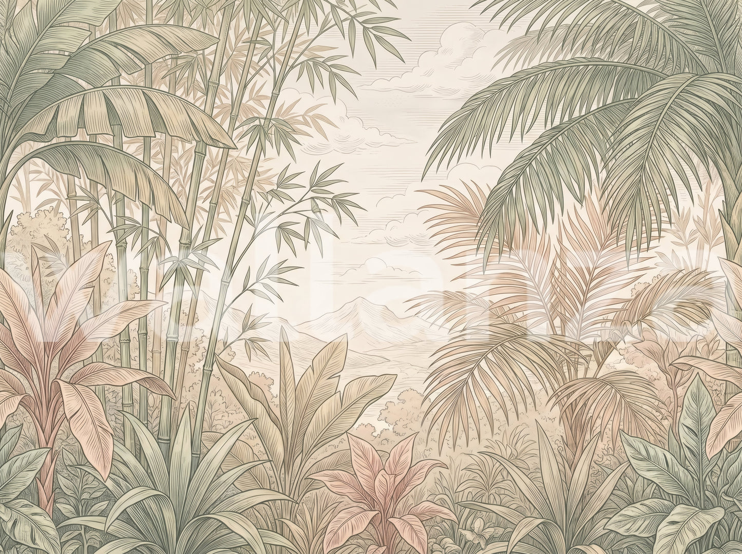 Vintage Tropical Jungle Oasis Landscape Wallpaper Wall Mural