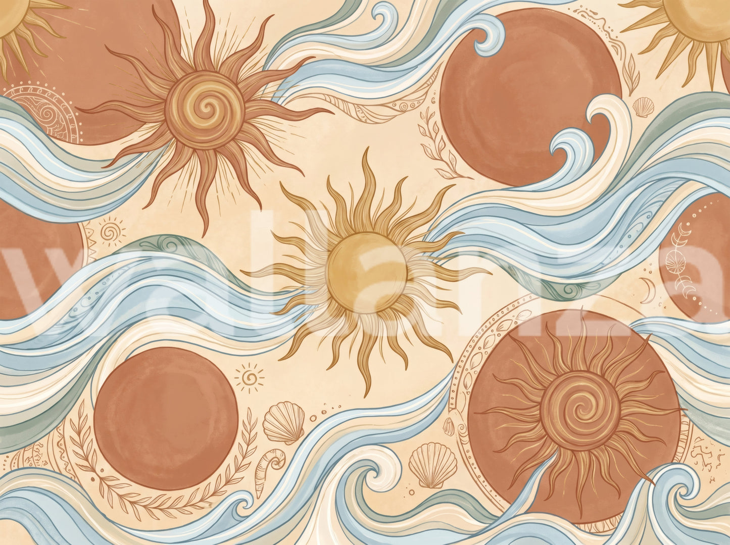 Celestial Sun and Swirling Ocean Wave Mural Wall Mural