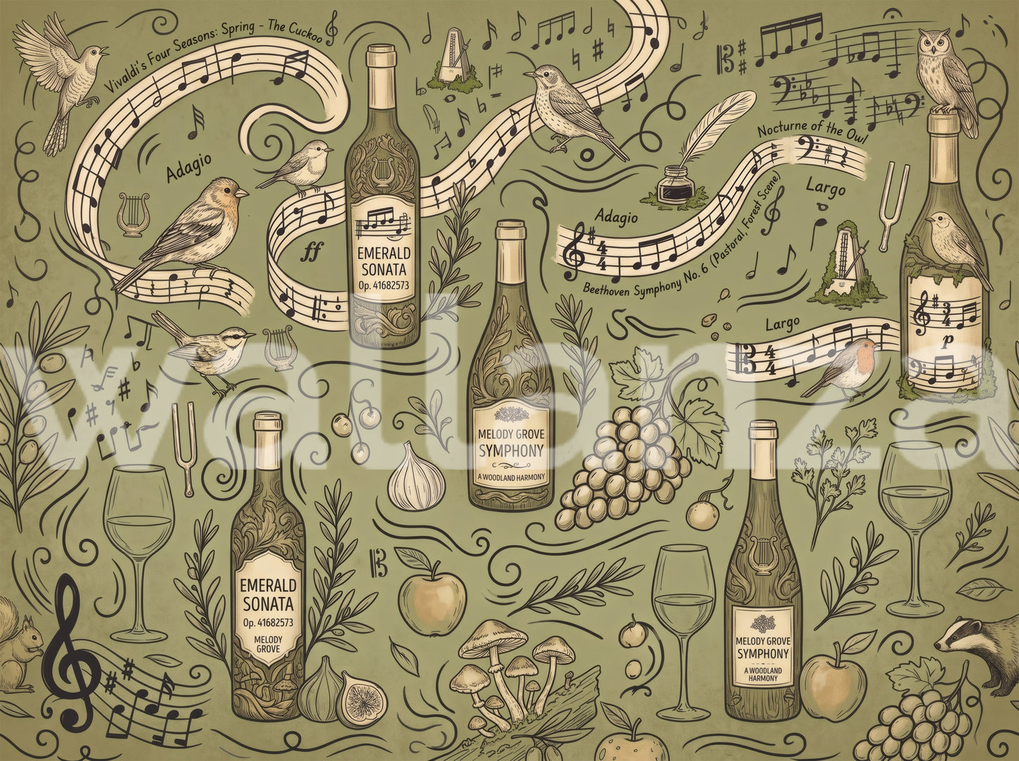 Woodland Symphony Music and Nature Illustration Wall Mural