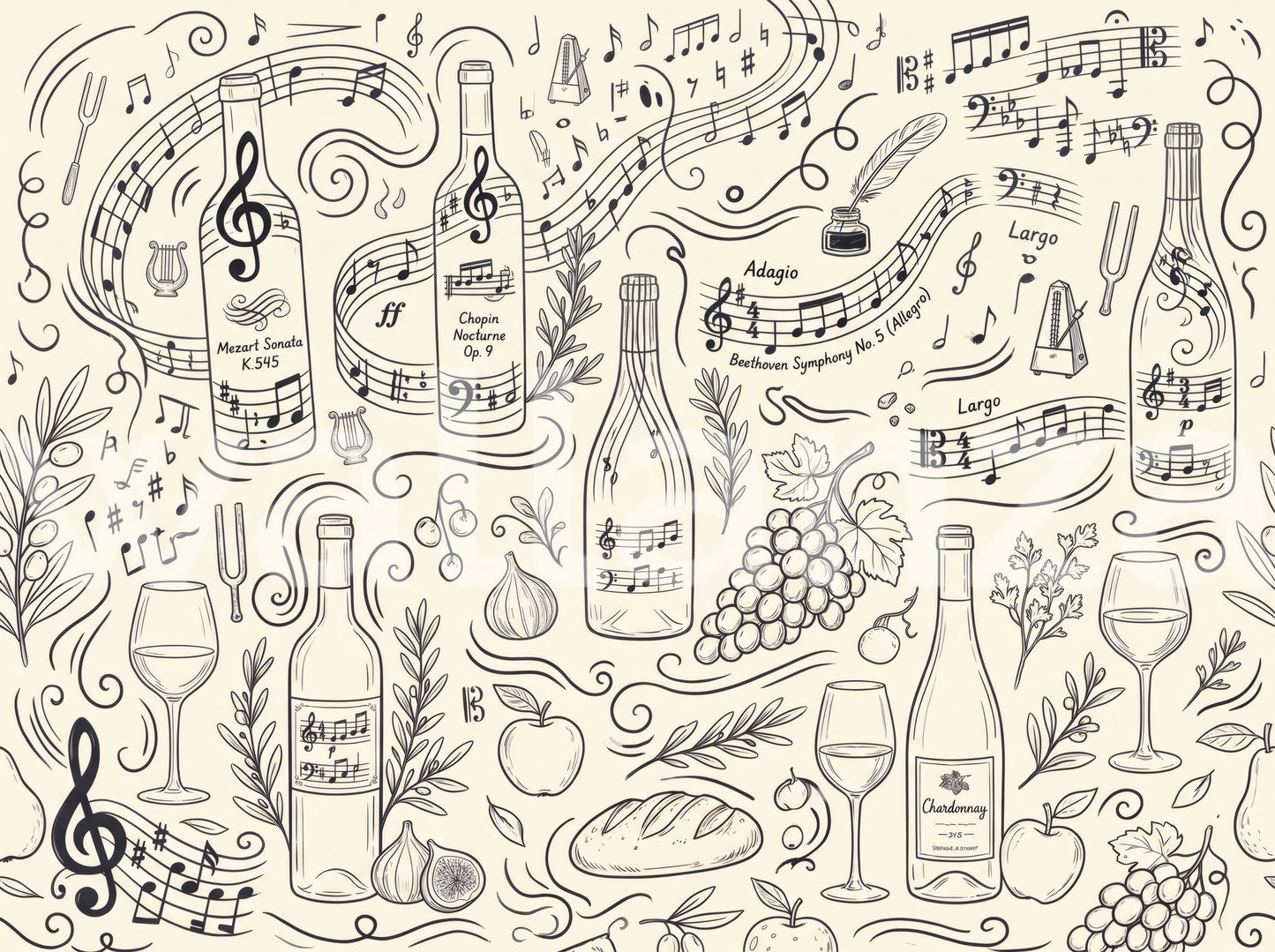 Classical Music and Fine Wine Illustration Wallpaper Wall Mural