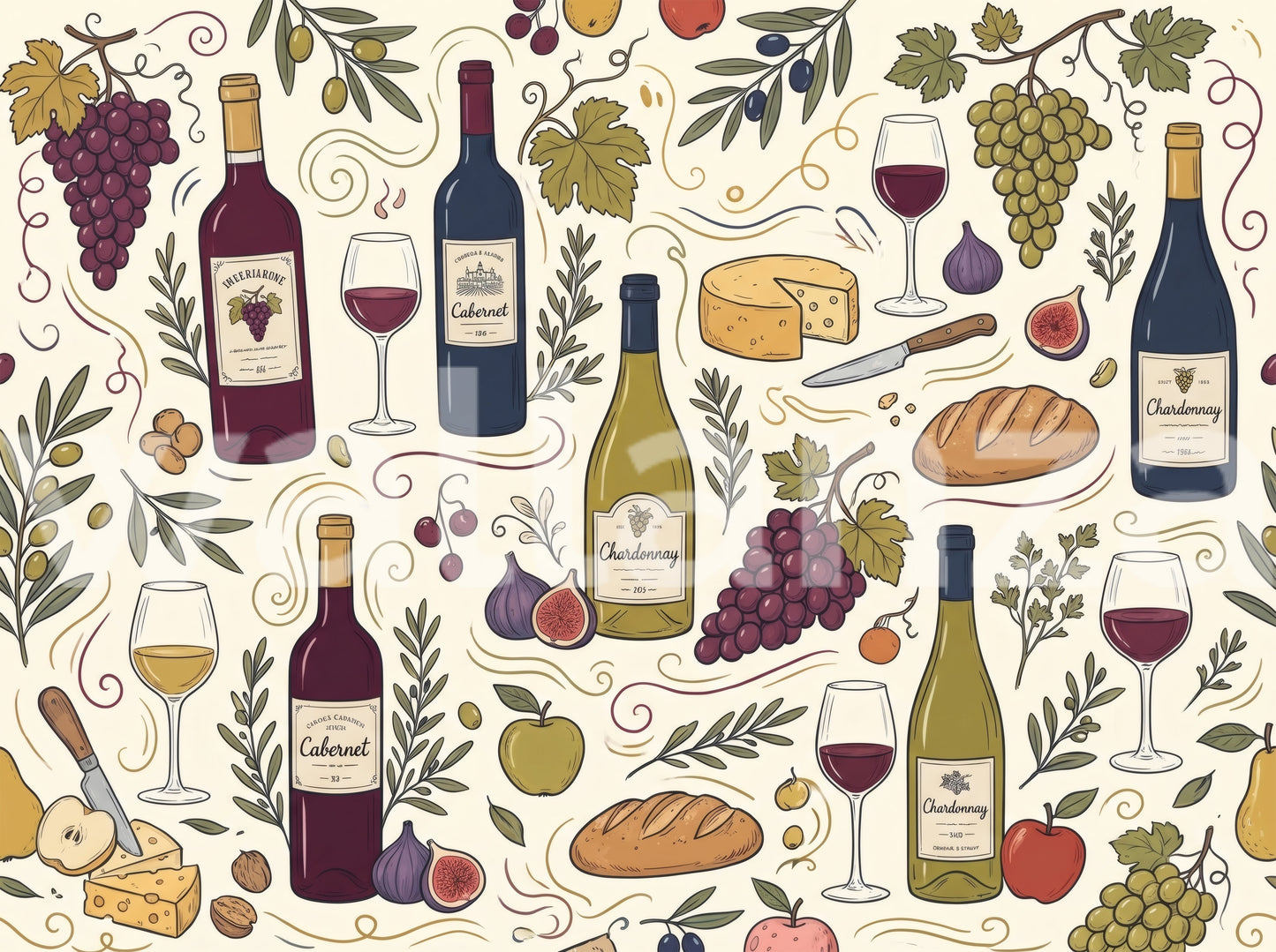 Rustic Vineyard Wine and Cheese Culinary Pattern Wall Mural