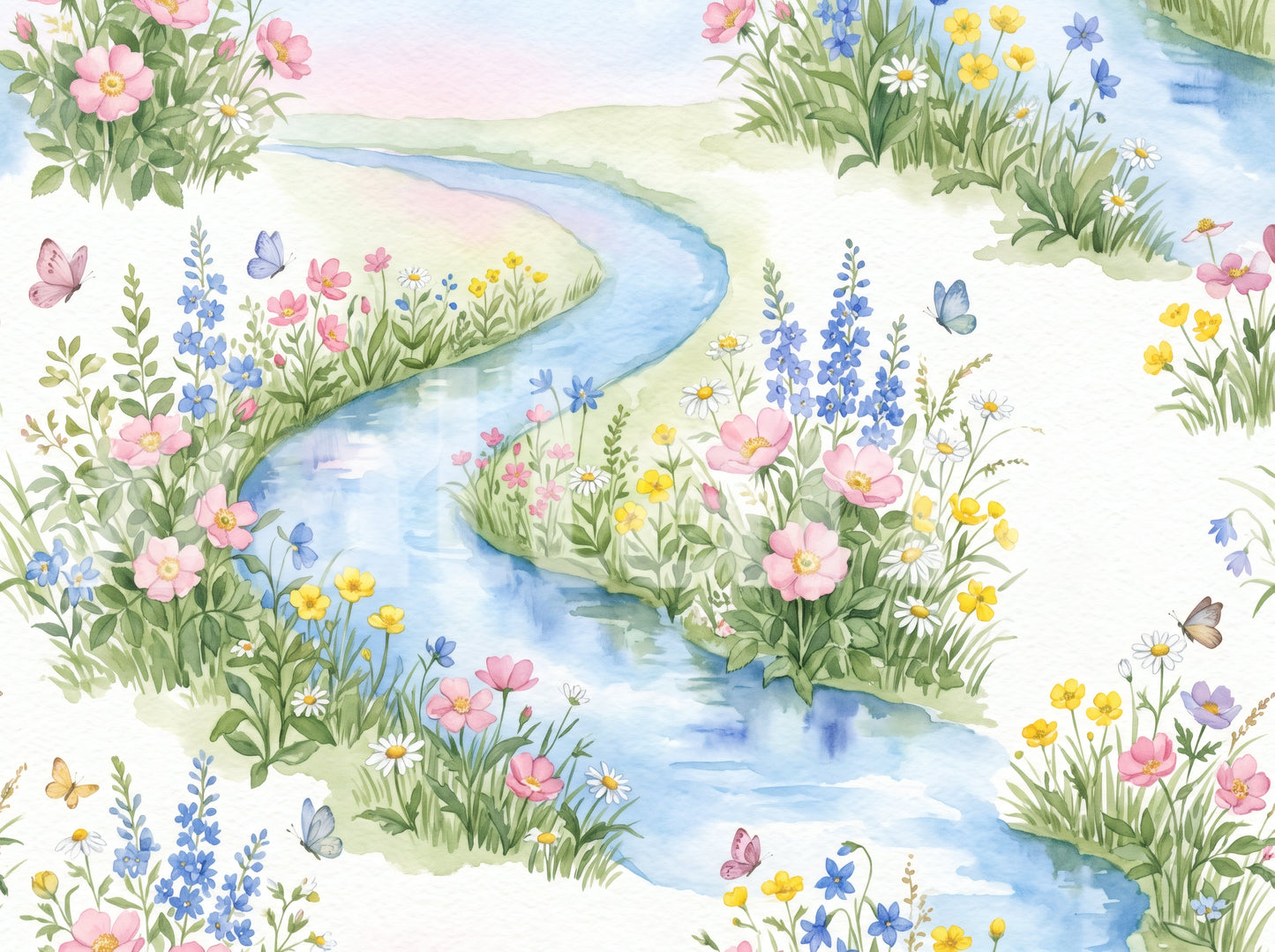 Serene Watercolor Riverside Wildflower Meadow Wall Mural